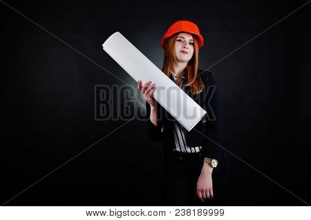 Engineer Woman In Orange Protect Helmet With Construction Paper Projekt.