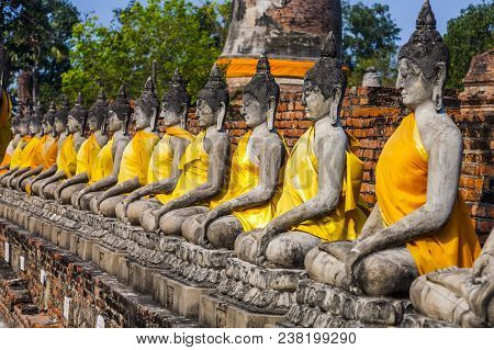 Buddha Statues At The Temple Of Wat Yai Chai Mongkon In Ayutthaya, Thailand