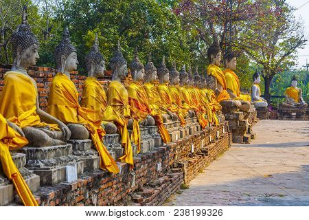 Buddha Statues At The Temple Of Wat Yai Chai Mongkon In Ayutthaya, Thailand