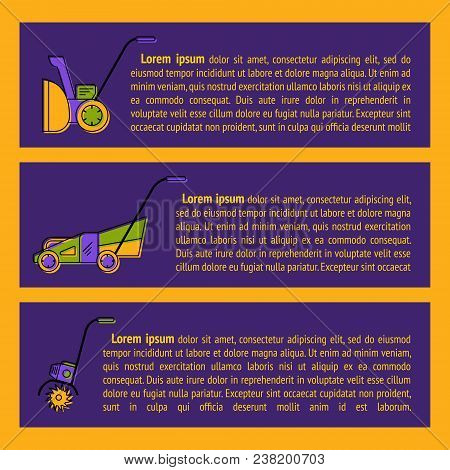 Icons Of Gardening Power Tools For Flyer Or Leaflet. Technique For Garden And Lawn Care