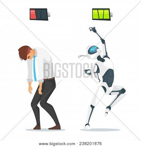 Vector Cartoon Style Concept Of Human Businessman Vs Robot.  Human Has Low  Battery But Robot Is Ful