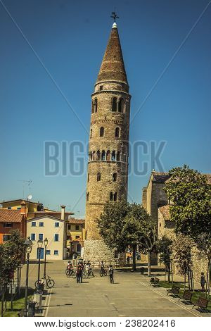 Caorle Italy Venezia In Veneto Region Provincial City Village With Tall Tower Leaned Of Santo Stepha