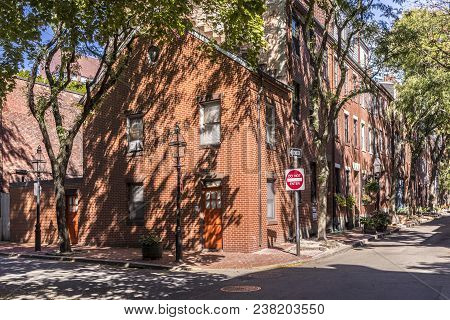 Old Historic Victorian Brick Buildings In Melrose, Victoria Street Downtown Boston