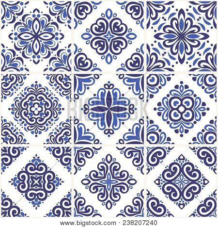Blue And Light Blue Ornamental Azulejos Tiles. Vintage Decorative Ornament Illustration.traditional 