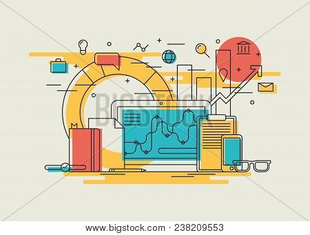 Vector Illustration Of Workflow. Work Day At Office Illustration. Laptop, Documents, Gadgets And Off