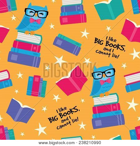 Vector Big Books Owl Seamless Pattern Background. Surface Pattern Design Perfect For Fabric, School,