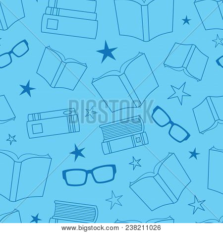 Vector Blue Outlined Books Seamless Pattern Background. Surface Pattern Design Perfect For Fabric, S