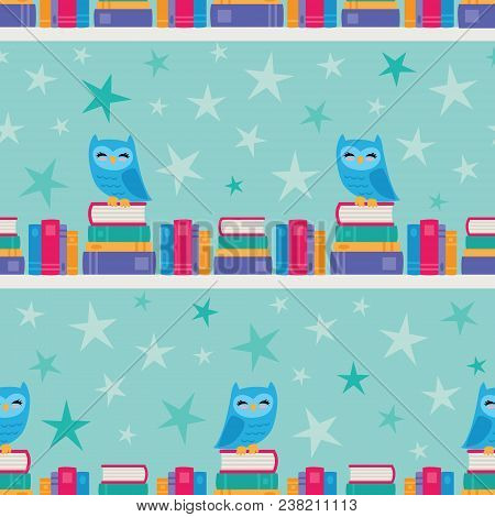 Vector Owl Bookshelf Stripe Seamless Pattern Background. Surface Pattern Design Perfect For Fabric, 