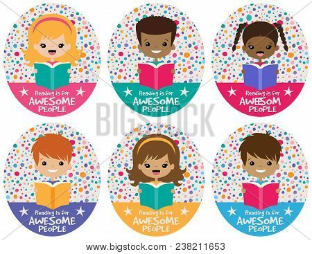 Vector Reading Kids Graphic Set. Cute Multicultural Vector Illustrations Perfect For School, Kids, S