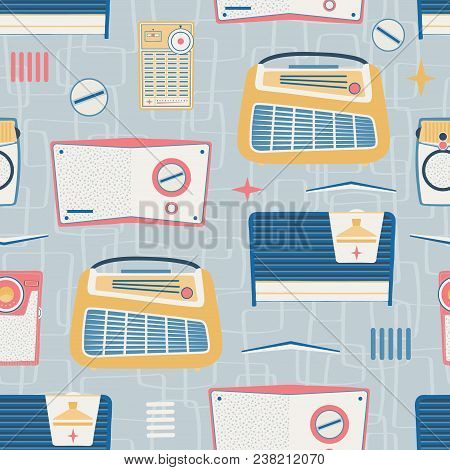 Vector Primary Light Gray Vintage Radios Seamless Pattern Background. Surface Pattern Design Perfect
