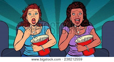 Two Women React Differently To The Movie. Laughs And Fears. Fast Food In The Cinema Hall. Pop Art Re