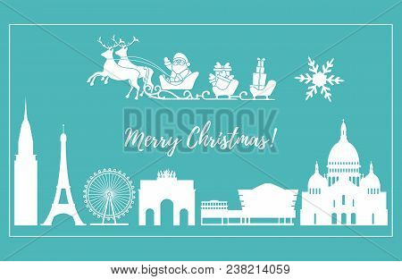 Santa Claus With Christmas Presents In Sleigh With Reindeers Over Famous Buildings And Constructions