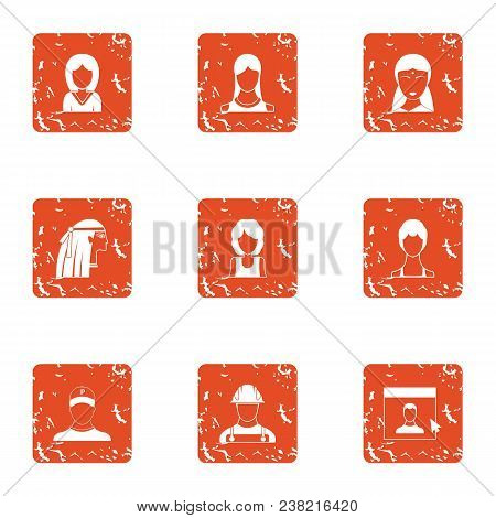 Full Face Icons Set. Grunge Set Of 9 Full Face Vector Icons For Web Isolated On White Background