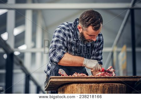 Bearded Butcher Dressed In A Fleece Shirt Cut Fresh Bacon Meat.
