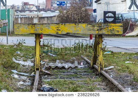 Railway End Poller With  Rails In The Old Freight Harbor In Frankfurt