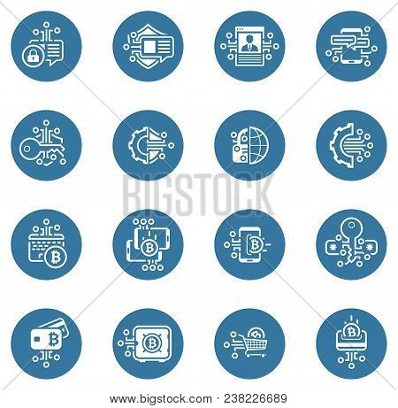 Bitcoin And Blockchain Crypto Protection Technology Icons. Modern Computer Network Technology Sign S