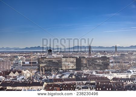 Aerial Of Munich In Beautiful Weather With Alps View