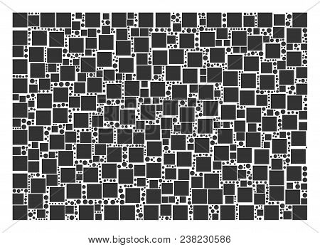 Filled Rectange Mosaic Icon Of Square Figures And Circles In Various Sizes. Vector Items Are Scatter