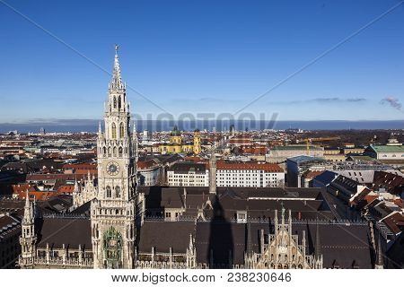 Aerial Of Munich City Hall  In Beautiful Weather Under Blue Sky
