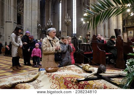 ZAGREB, CROATIA - 04 APRIL: The crucifix in front of God's tomb, was exhibited on Holy Saturday and prepared for veneration in the Zagreb Cathedral on April 04, 2015