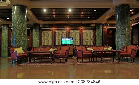 BUDAPEST, HUNGARY - OCTOBER 14: Hotel lobby in Danubius Health Spa Resort Margitsziget in Budapest, Hungary, on October 14, 2017.
