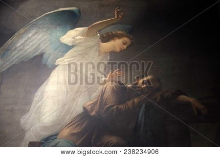 PARIS, FRANCE - JANUARY 04: Joseph's dream, fresco in the Saint Sulpice Church, Paris, France on January 04, 2018.
