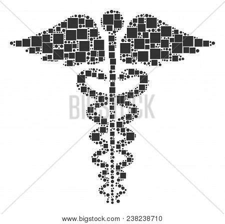 Medical Caduceus Emblem Mosaic Icon Of Rectangles And Circle Particles In Variable Sizes. Vector Obj
