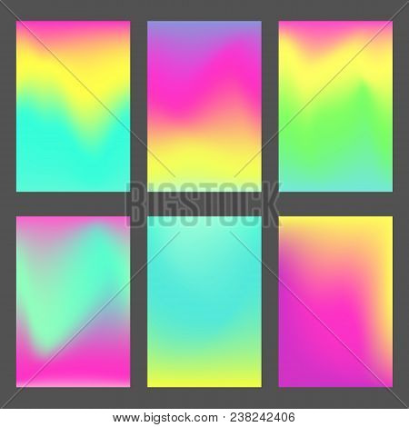 Set Of Bright Mesh Gradiented Blue, Green And Pink Ui Backgrounds. Trendy Vibrant Sunrise, Shiny Pol