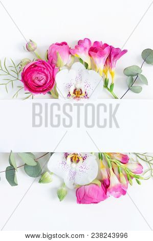 Flowers Layout For Cards, Wedding Invitation, Posters, Save The Date Or Greeting Design. Frame Made 