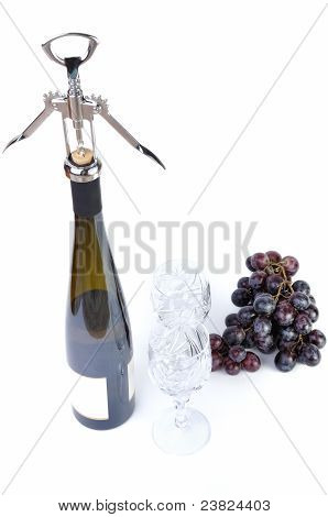 Garrafa de vinho com aperitive óculos e uvas isoladas no branco