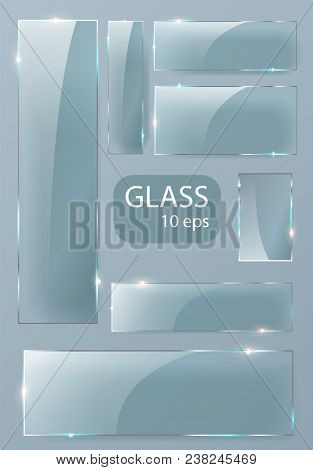 Seth Empty Transparent Glass Plates. Vector Template, Banner Layout With Copy Space. Photo Realistic