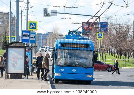 Moscow, Russia - April, 27, 2018: trolleybus stands on a trolleybus station in Moscow, Russia