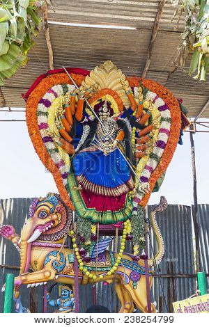 Statues Of The Indian Gods. Brahma, Vishnu Durga Shiva Ganesha, Made With Flowers For The The Masi M