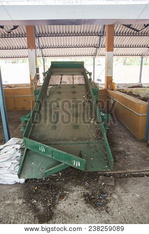 Conveyor Belt For Disposing Sifting Compost, The Final Form Of Recycled Waste In A Recycling Waste T
