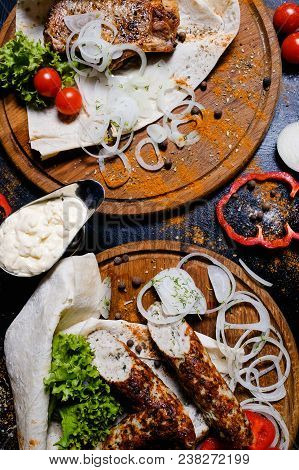Shashlik And Kebab Assortment. Grilled Meat With Vegetables And Lavash. National Gerogian Meal Cuisi