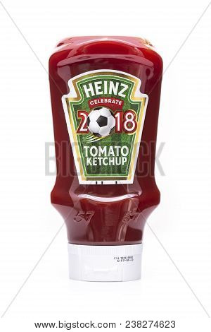Swindon, Uk - April 25, 2018: Bittle Of Celebrate 2018 Heinz Tomato Ketchup On A White Background