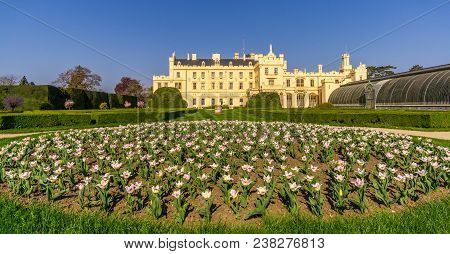 Lednice, Czech Republic - April 19,2018 - View At The Lednice Castle From Garden. The Lednice Castle