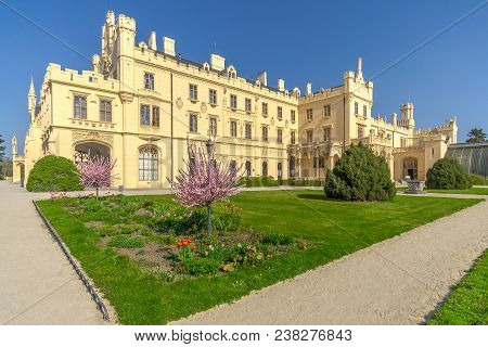 Lednice, Czech Republic - April 19,2018 - View At The Lednice Castle From Park. The Lednice Castle W