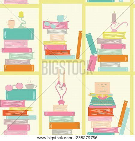 Seamless Pattern, Bookshelf Writer. Books, Candles, Glasses, Typewriter. Library Book Shelf Backgrou