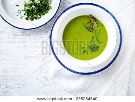 Cream of Green Asparagus and Broccoli Soup with Herbs