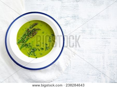 Cream of Green Asparagus and Broccoli Soup with Herbs