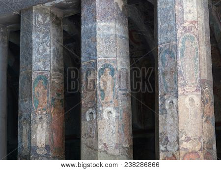 Ajanta, India - January 10, 2016: Ancient Painted Fresco At Columns In Ajanta Caves, India. The Ajan