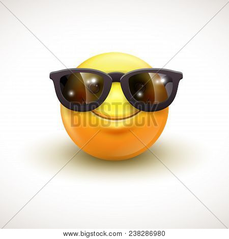 Cute Smiling Emoticon Wearing Black Sunglasses, Emoji, Smiley - Vector Illustration Eps10