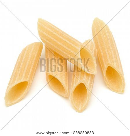 Italian pasta isolated on white background. Pennoni. Penne rigate.
