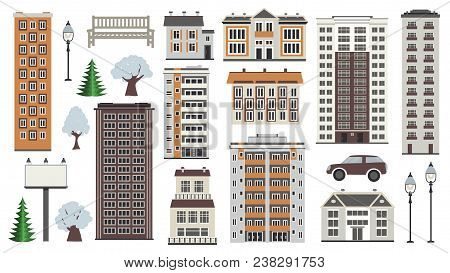 Various City Elements In Winter Time - Multistorey Houses And Municipal Buildings, Trees In Snow, Pu