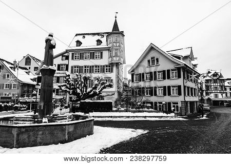 St Gallen, Switzerland. Old Part Of St Gallen, Switzerland During The Snowy Winter. Empty Streets An
