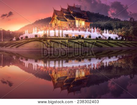 Royal Flora Ratchaphruek Park And Pavilion During Purple Sunset In Chiang Mai, Thailand