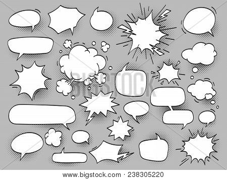 Cartoon Oval Discuss Speech Bubbles And Bang Bam Clouds With Halftone Shadow. Outline Blank White Ch