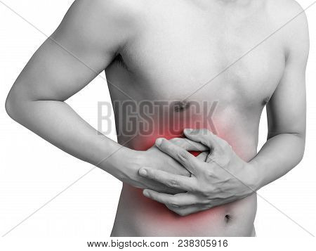 Man Stomach Suffering From Stomachache Or Gastroenterologist. Concept With Healthcare And Medicine. 