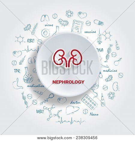 Icons For Medical Specialties. Nephrology Concept. Vector Illustration With Hand Drawn Medicine Dood